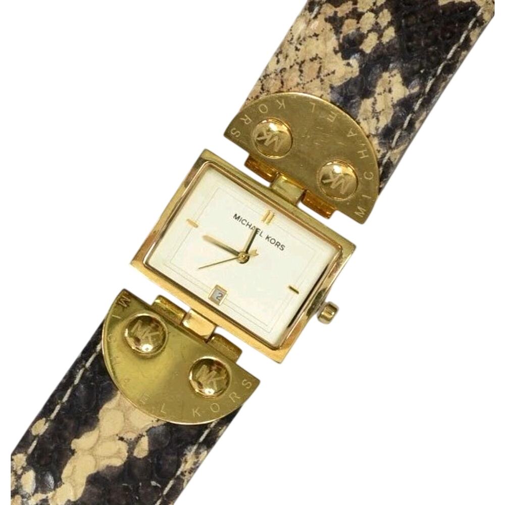 Michael Kors MK2114 Gold Square Watch Brown Python Snake Leather Band Date Dial